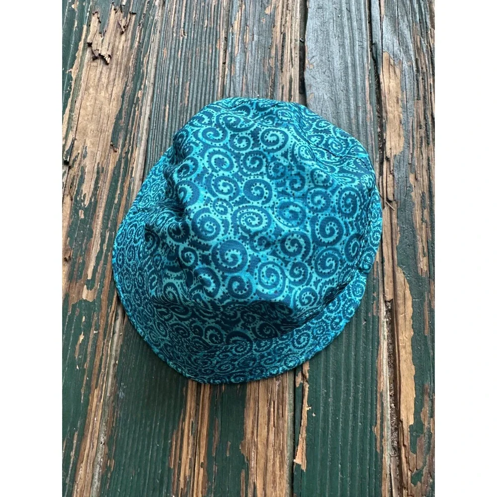Reversible Teal Bucket Hat Embroidered Cat Paisley Print Sun Hat A3663